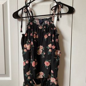 Black with Flower Design Off-The-Shoulder Tied Top